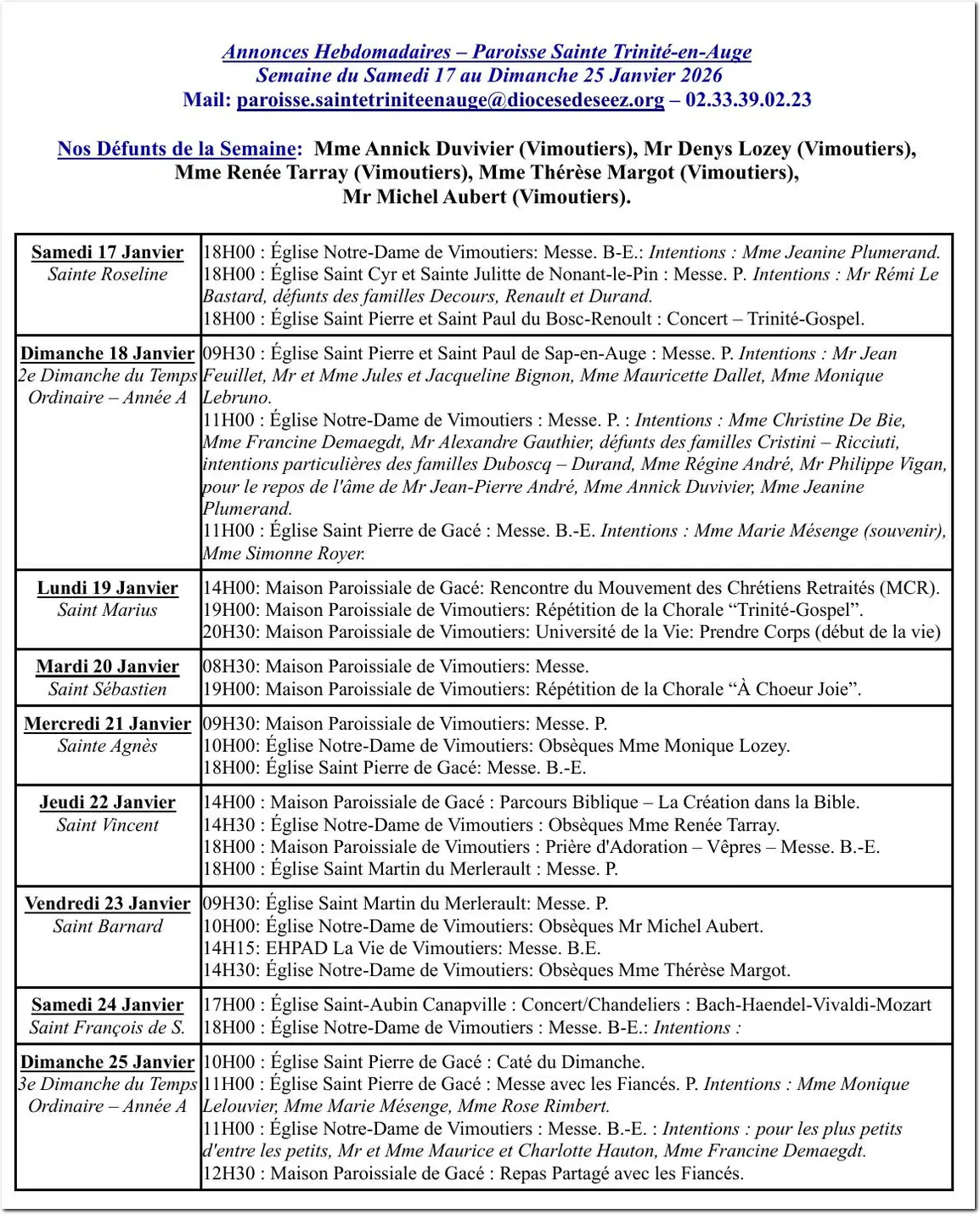 Paroisse de la Sainte-Trinité en Auge : Annonces hebdomadaires