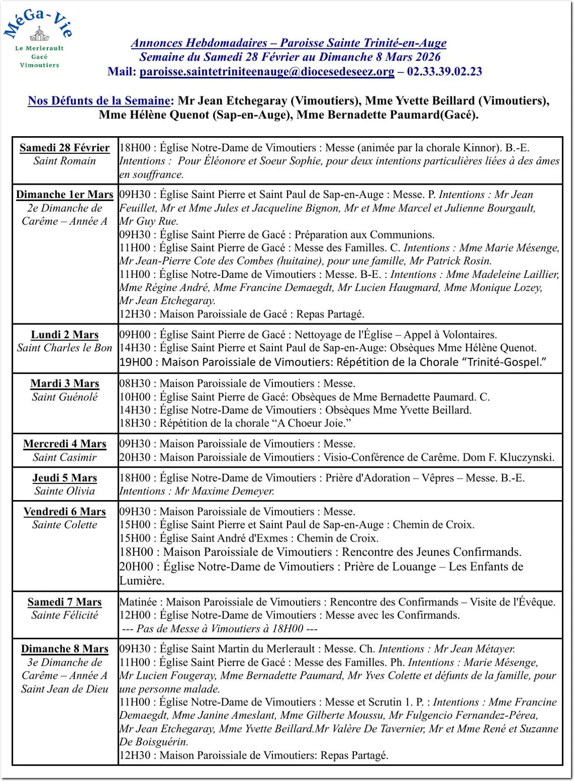 Paroisse de la Sainte-Trinité en Auge : Annonces hebdomadaires